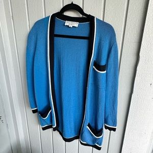 St.John Vintage Sweater Cardigan 100% wool blue black trim size S